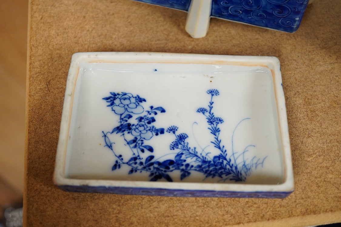 A Japanese Meiji period blue and white porcelain box and cover, 12cm wide